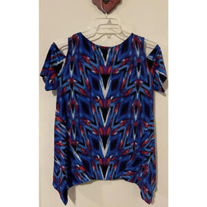 Rafaella Womens Large Blue Tunic-Style Cold-Shoulder Stretchy Blouse! A5640